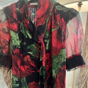 Alice + Olivia Red and Green Floral Blouse petite medium